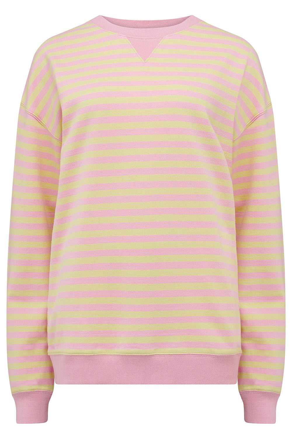 Pink and yellow striped sweater on a white background