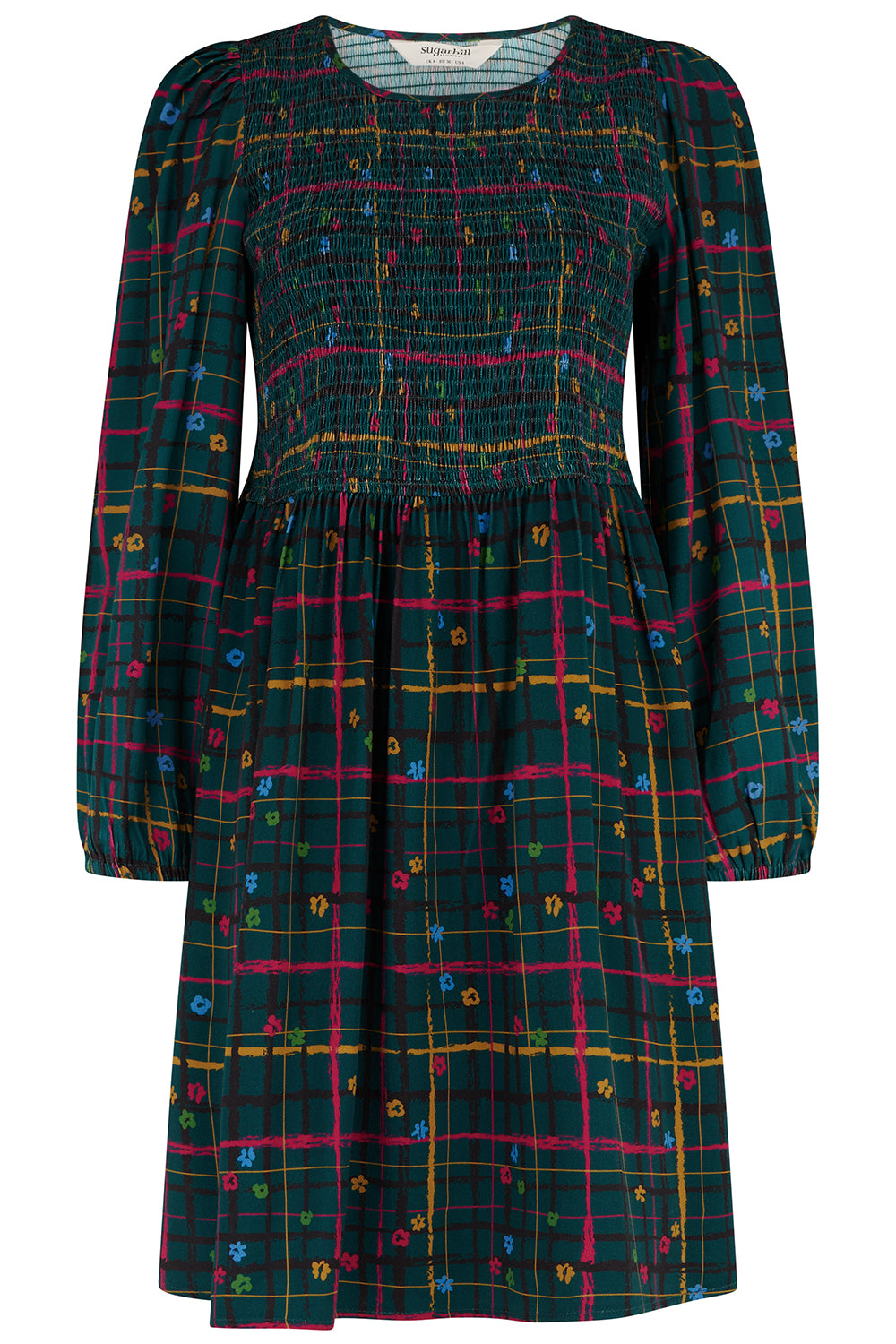 Plaid dress with colorful pattern on a white background