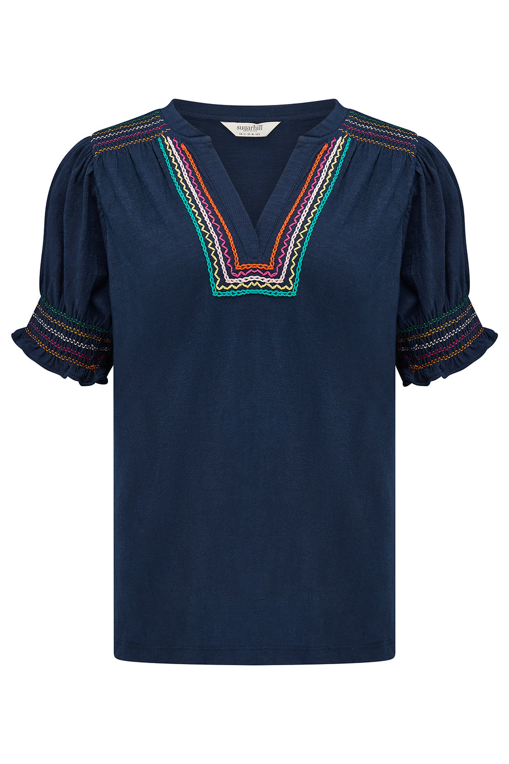 Navy blue blouse with colorful embroidery on a white background