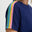 Navy blue t-shirt with colorful stripes on the sleeves against a white background