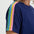 Navy blue t-shirt with colorful stripes on the sleeves against a white background