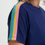 Navy blue t-shirt with colorful stripes on the sleeves against a white background