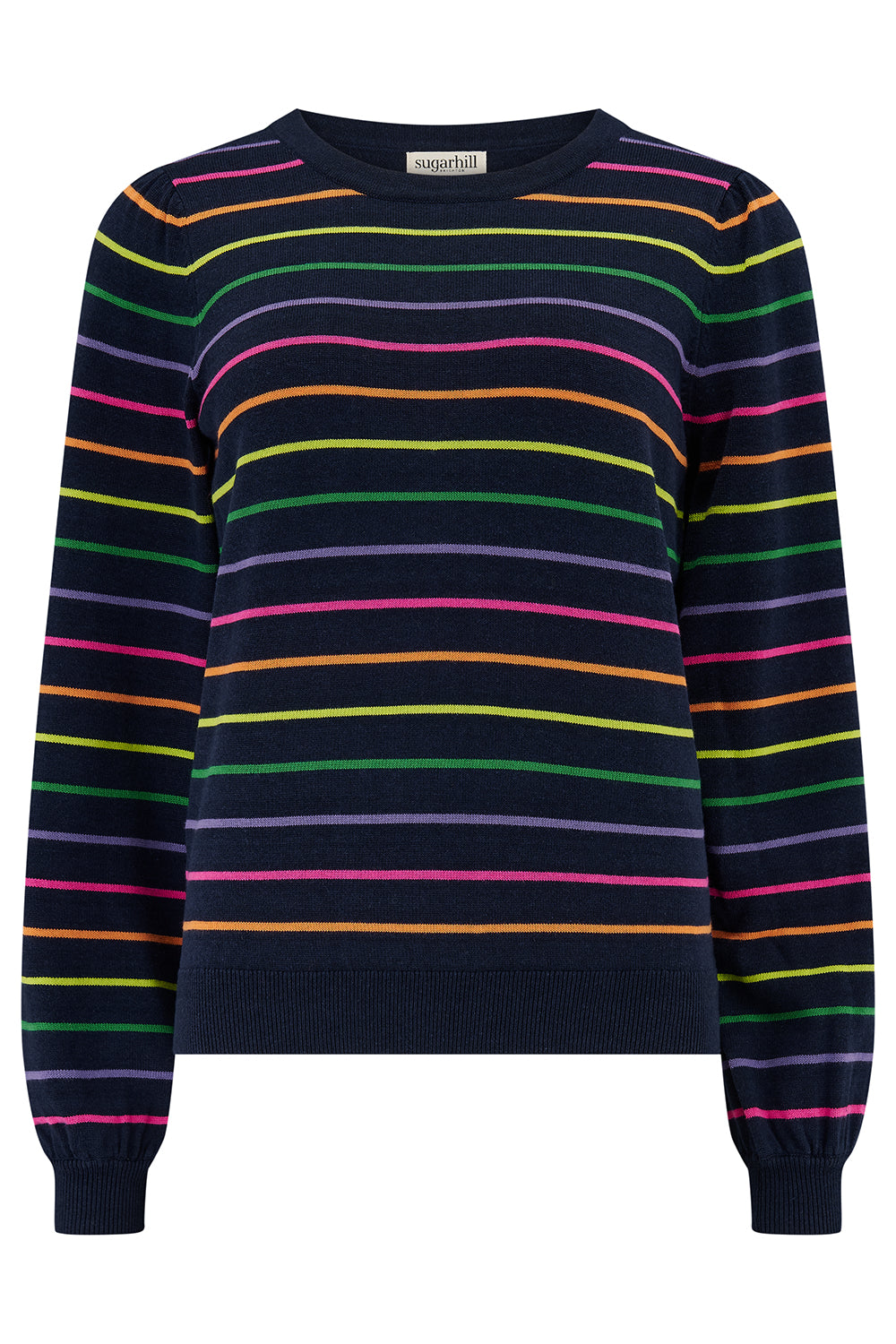 Suagrhill Brighton navy sweater with multicolored stripes on a white background
