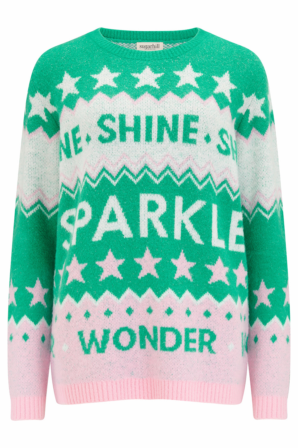 A festive sweater with 'Shine' and 'Sparkle' text.
