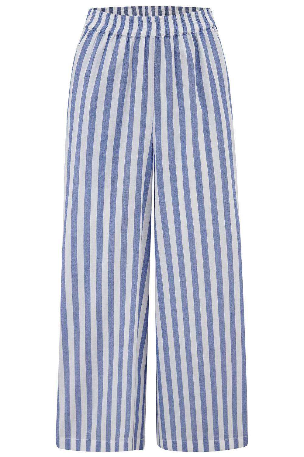 A  wide leg cropped trousers with an all-over bakers stripe in white and blue,
