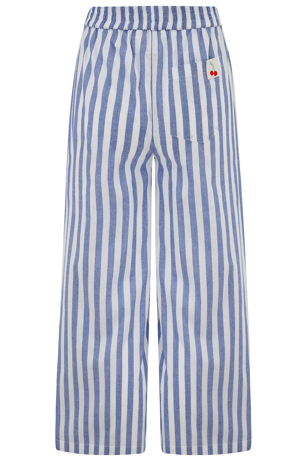 A wide leg cropped trousers with an all-over bakers stripe in white and blue