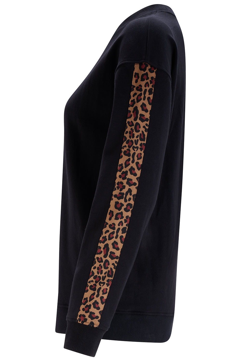 Black sweatshirt with a leopard print stripe on a white background