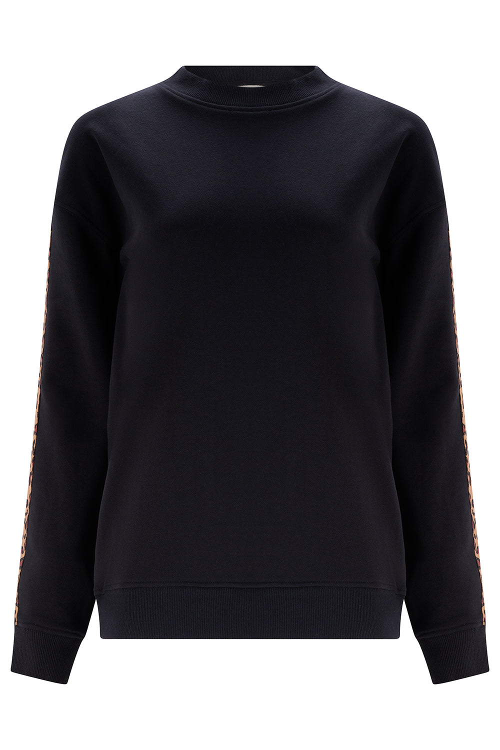 Black sweatshirt with colorful stripes on sleeves against a white background