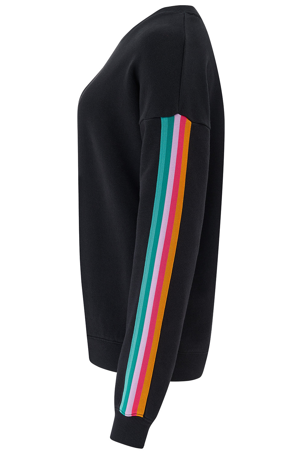 A black tracksuit with colorful stripes on a white background