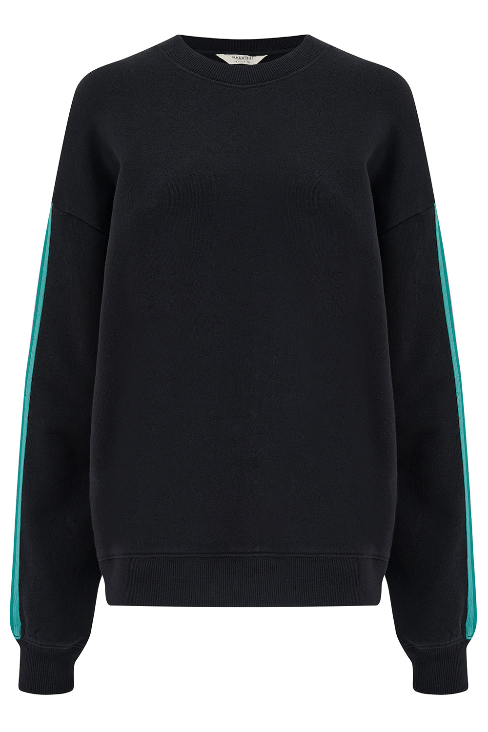 A black tracksuit with colorful stripes on a white background