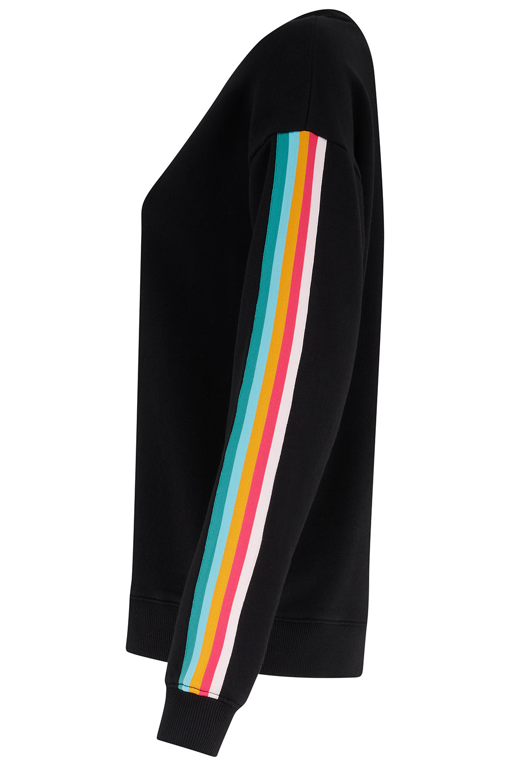 Black sweatshirt with colorful striped sleeves on a white background