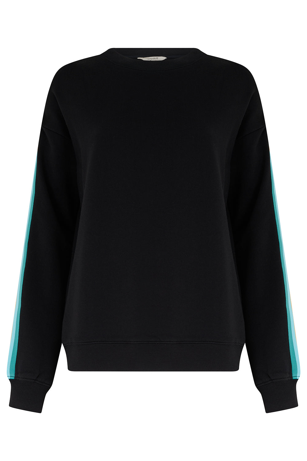 Black sweatshirt with turquoise stripes on sleeves against a white background