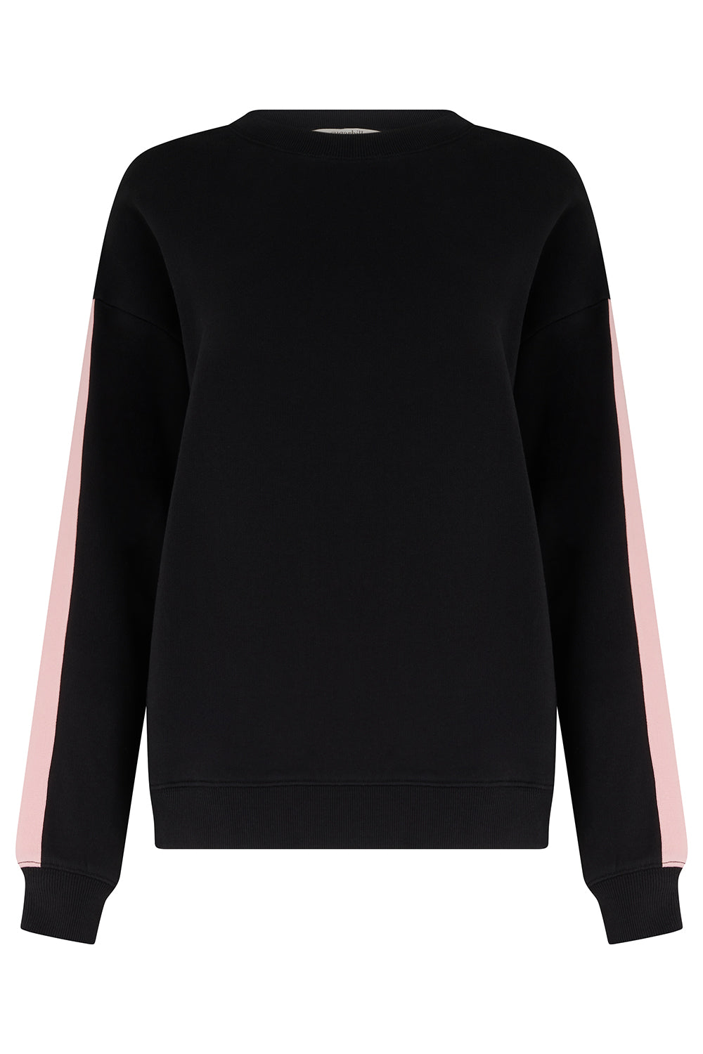 Black sweatshirt with pink stripes on sleeves on a white background
