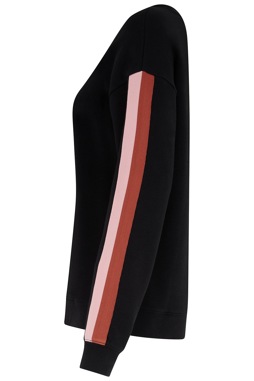 Black long-sleeve top with a red stripe on a white background