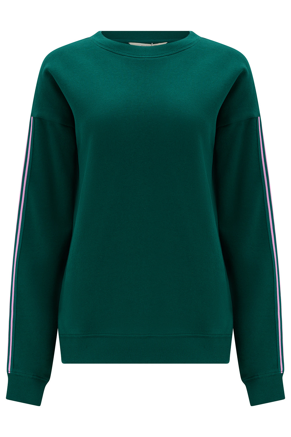 Green sweatshirt with white stripes on sleeves against a white background