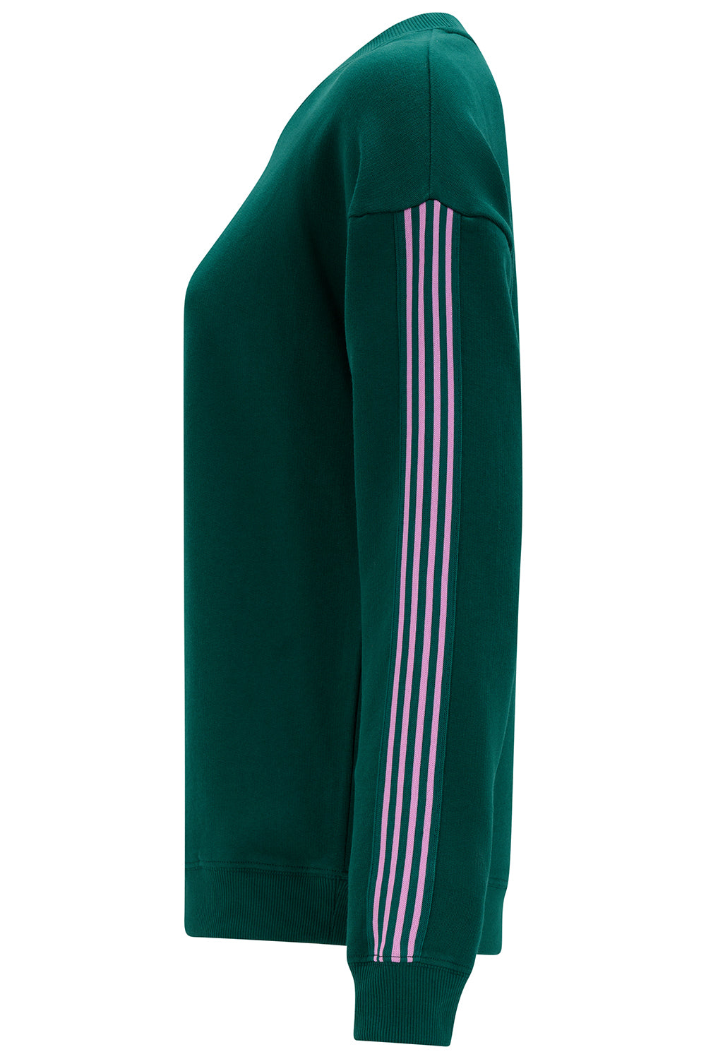 Green sweatshirt with pink stripes on a white background