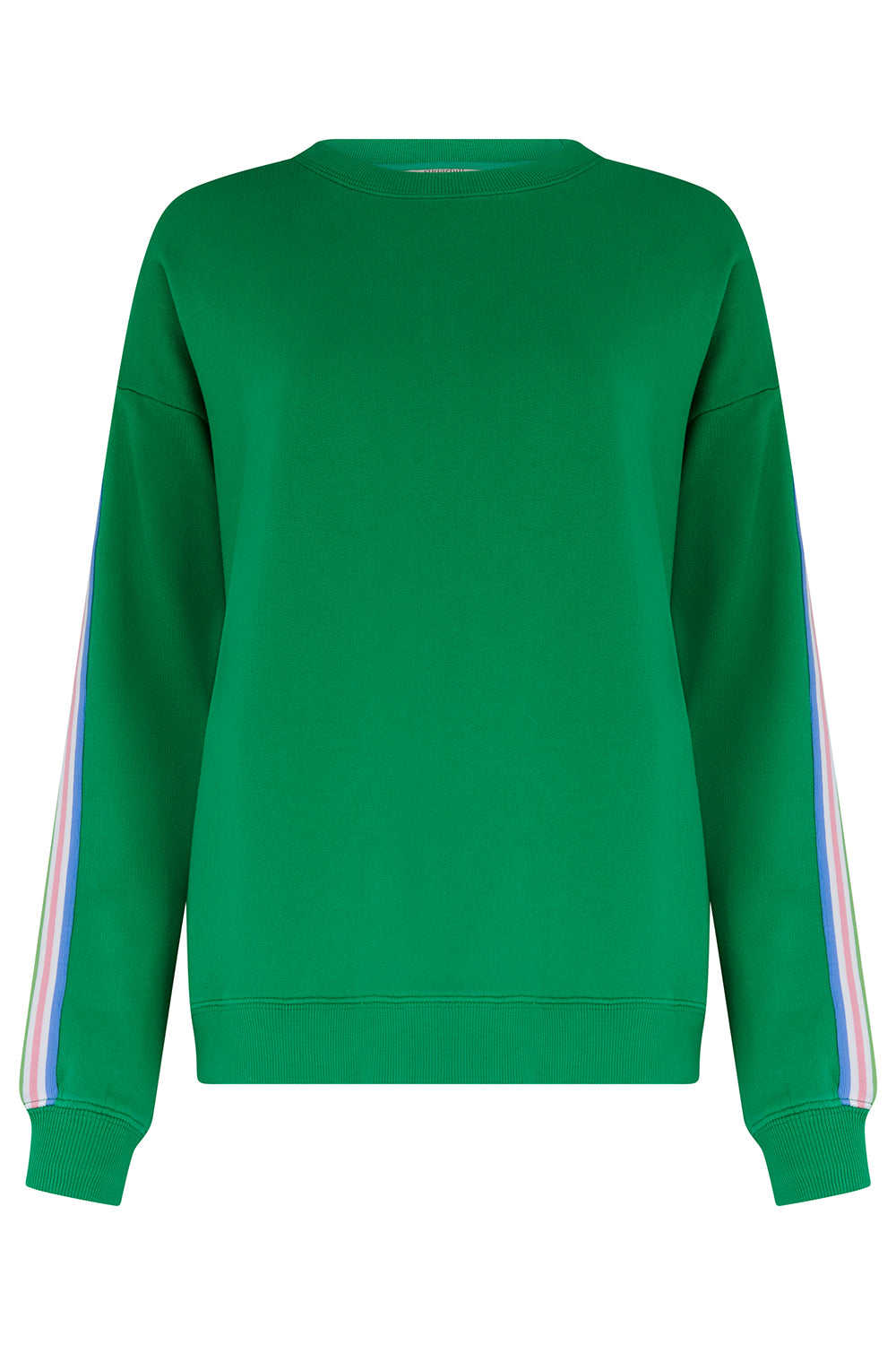 Green tracksuit with colorful stripes on a white background