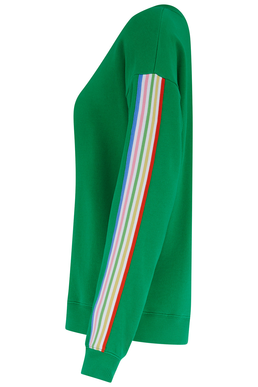 Green tracksuit with colorful stripes on a white background