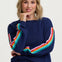 Woman wearing a navy sweater with colorful sleeves against a white background