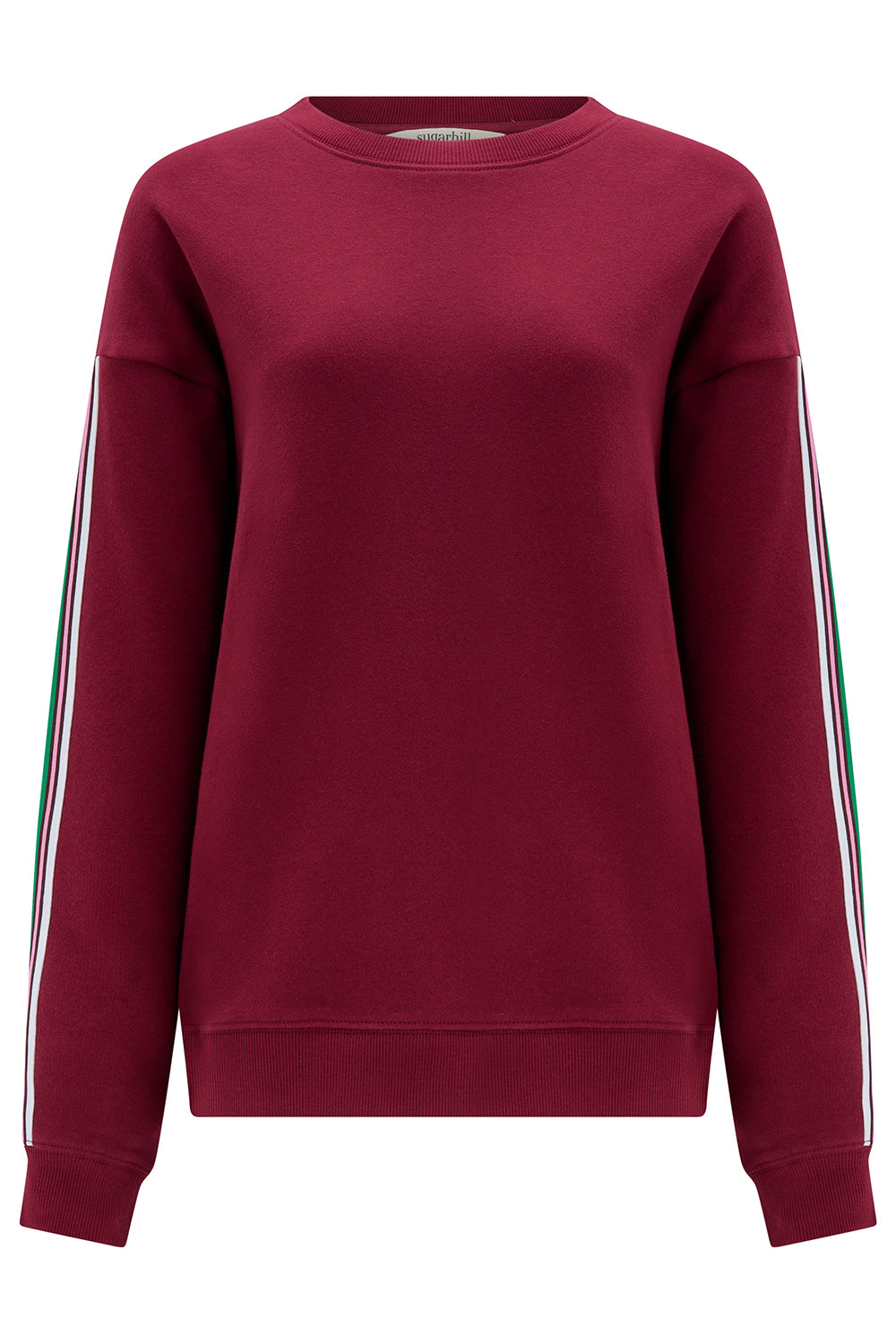 Maroon sweatshirt with white stripes on sleeves on a white background