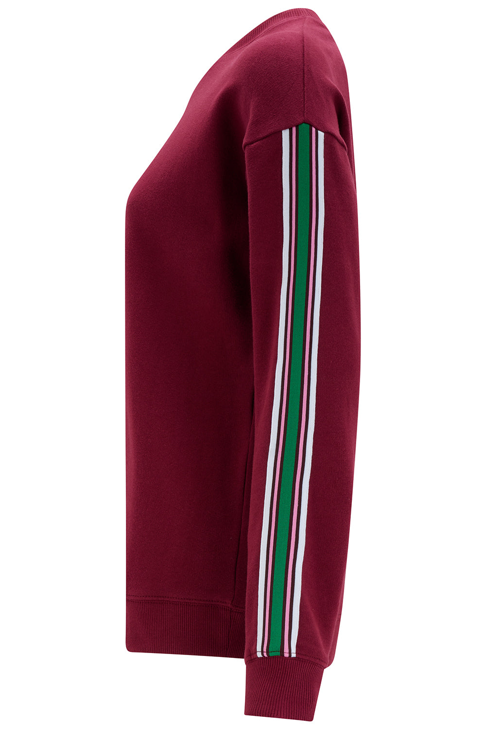 Maroon sweatshirt with green and white stripes on a white background