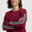 Woman wearing a burgundy sweater with colorful stripes on a white background