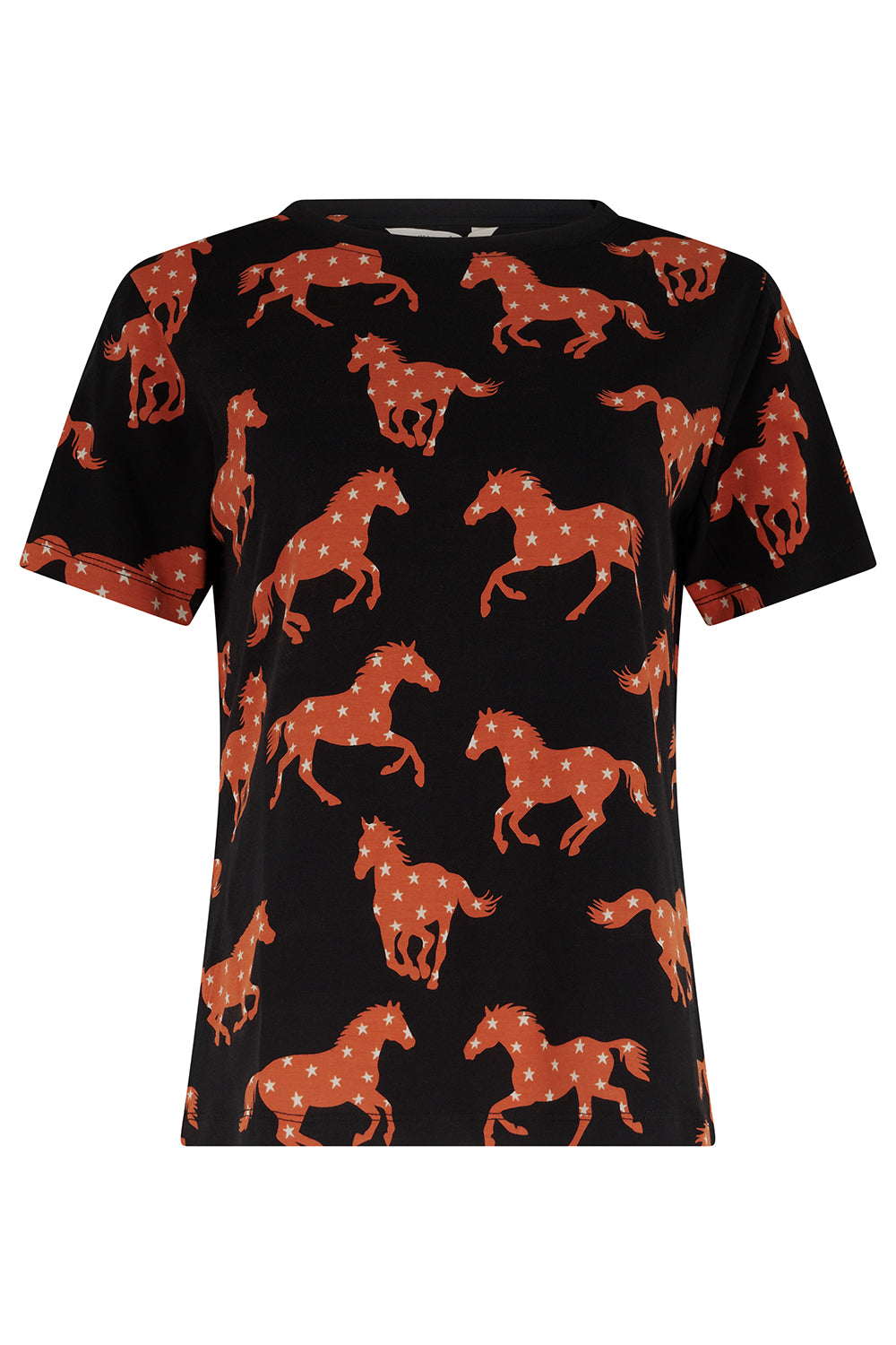 Black t-shirt with orange horse pattern on a white background