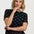 Bold black tshirt with colourful rainbows on 