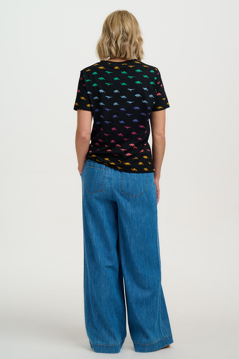Bold black tshirt with colourful rainbows on 