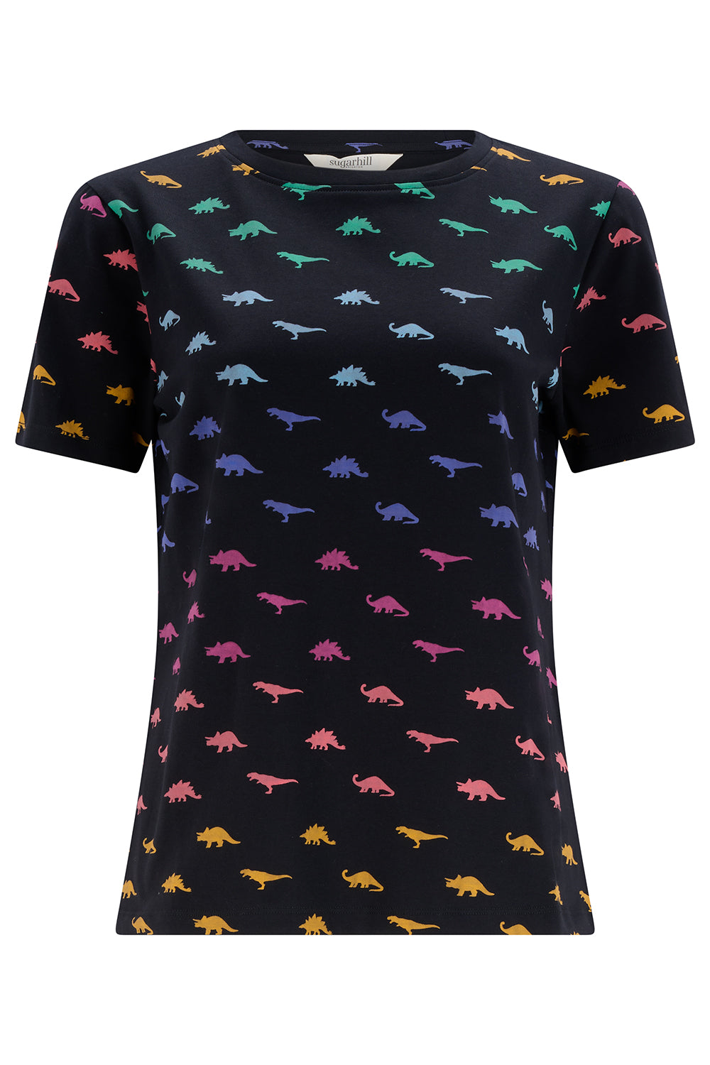Bold black tshirt with colourful rainbows on 