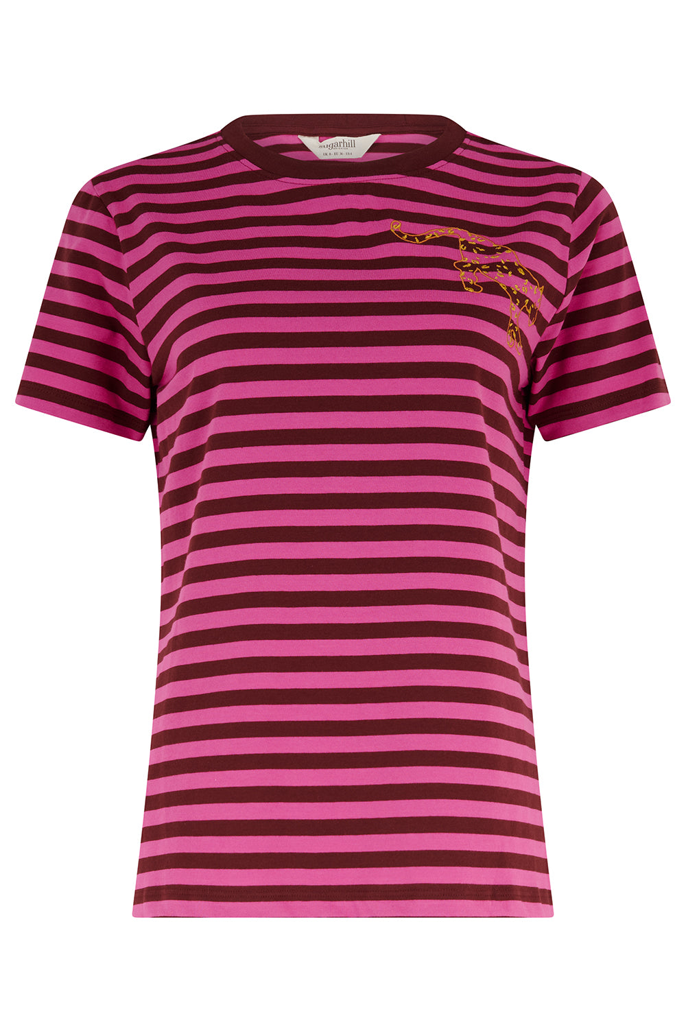 Pink and brown striped t-shirt with a logo on a white background