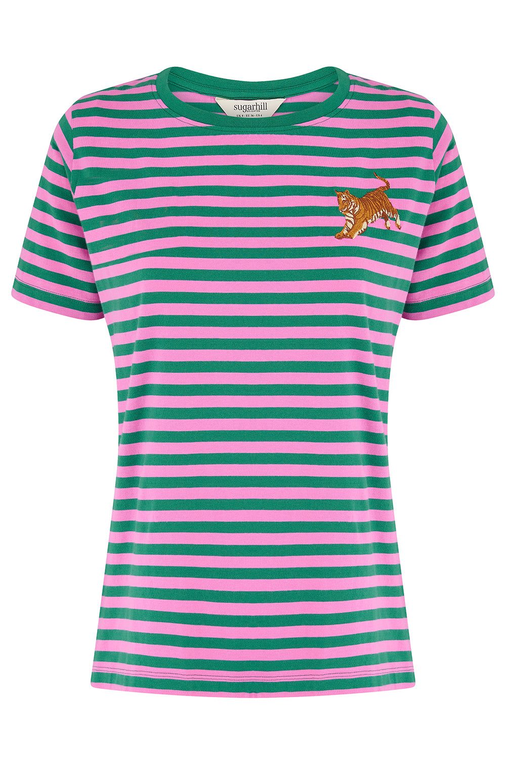 A short-sleeve striped t-shirt with alternating green and pink horizontal stripes, featuring a small embroidered tiger logo on the left chest and a green crew neck.