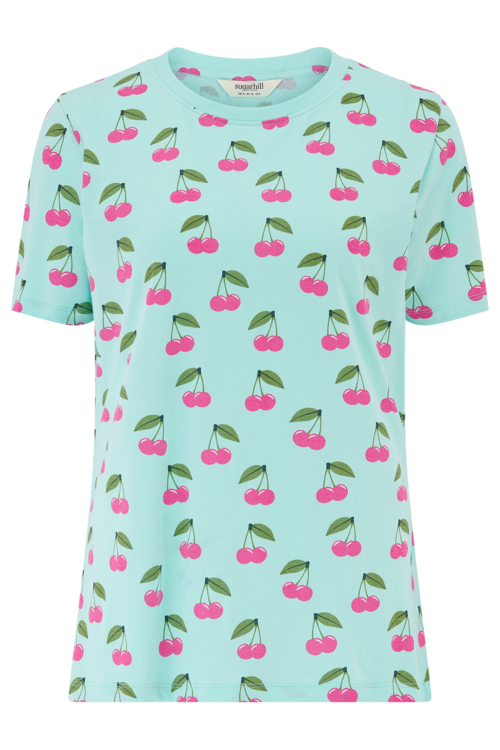 Light blue t-shirt with pink cherry pattern on a white background