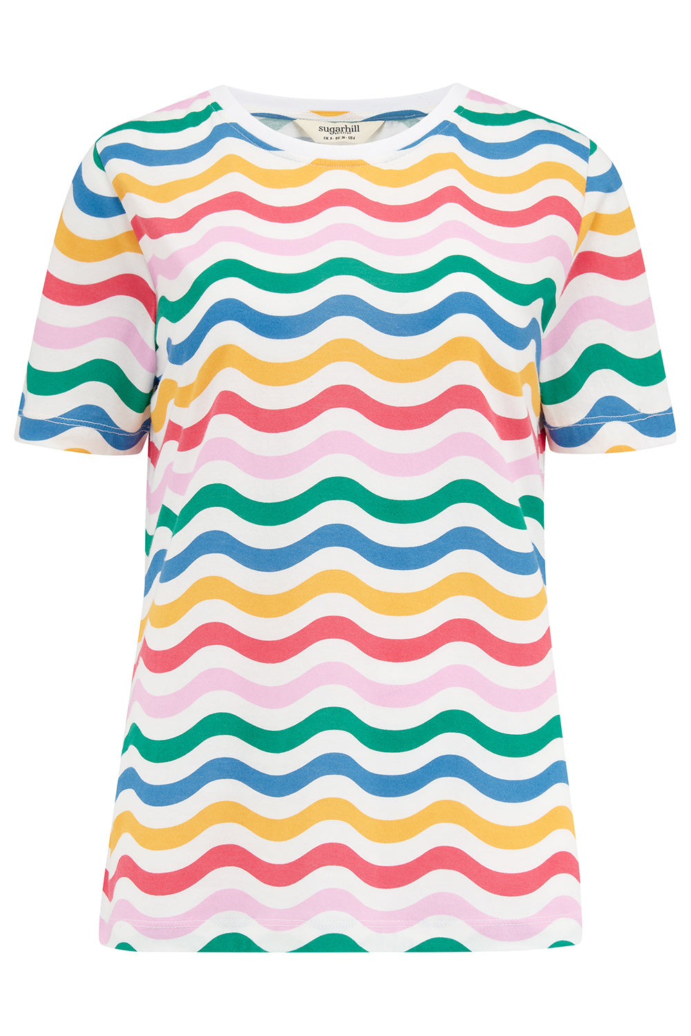 A multicolored wavy rainbow stripe t-shirt with a crew neck.
