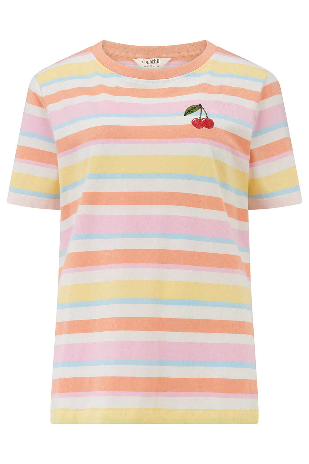 A multicolored striped t-shirt with a small embroidered cherry on the chest