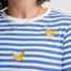 Blue and white striped t-shirt with yellow banana prints on a plain background