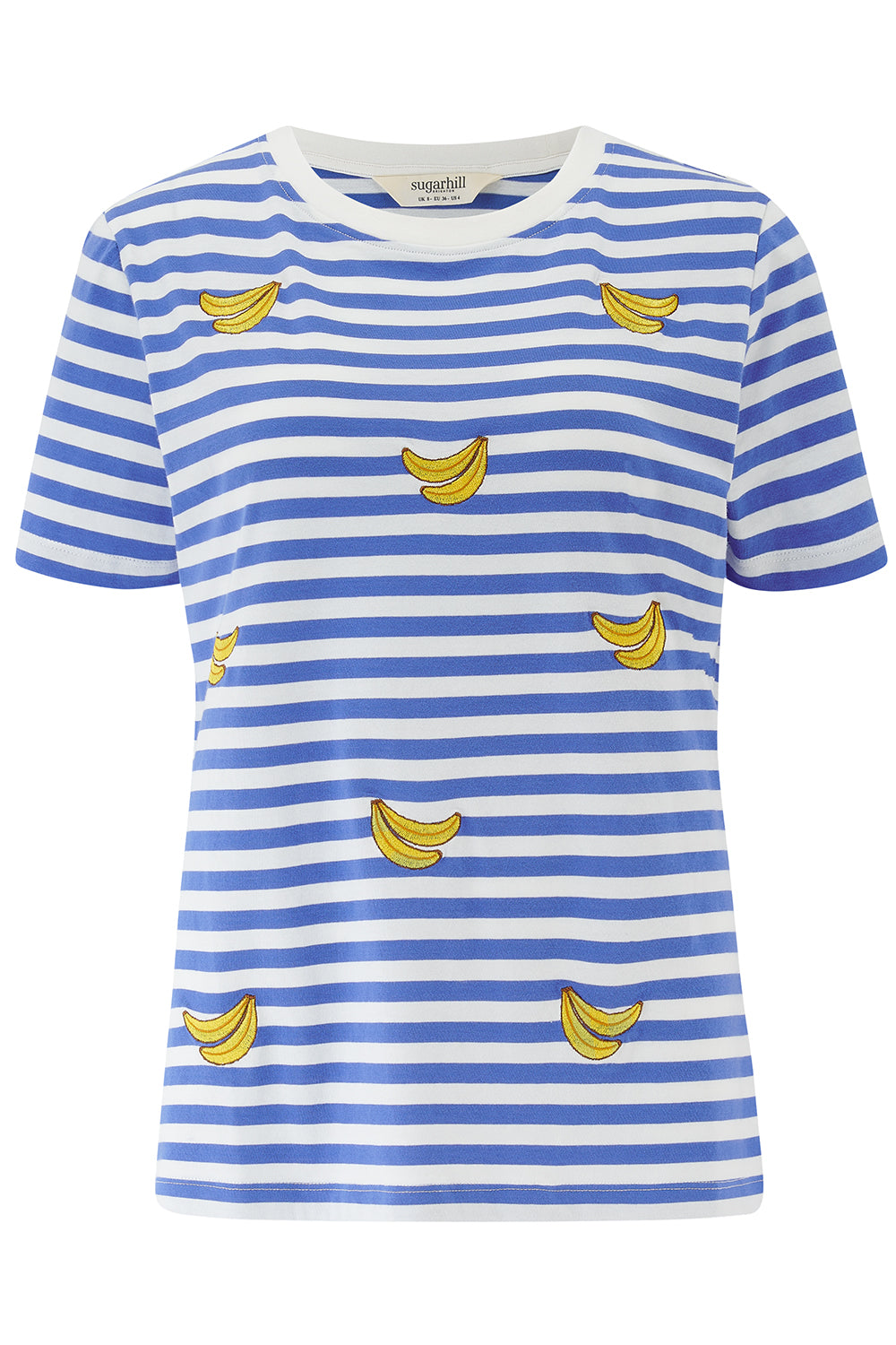 Blue and white striped t-shirt with yellow banana prints on a plain background
