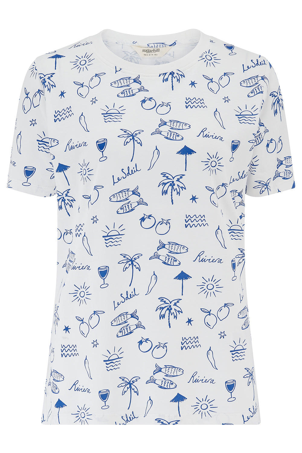 White t-shirt with blue beach-themed graphics on a white background