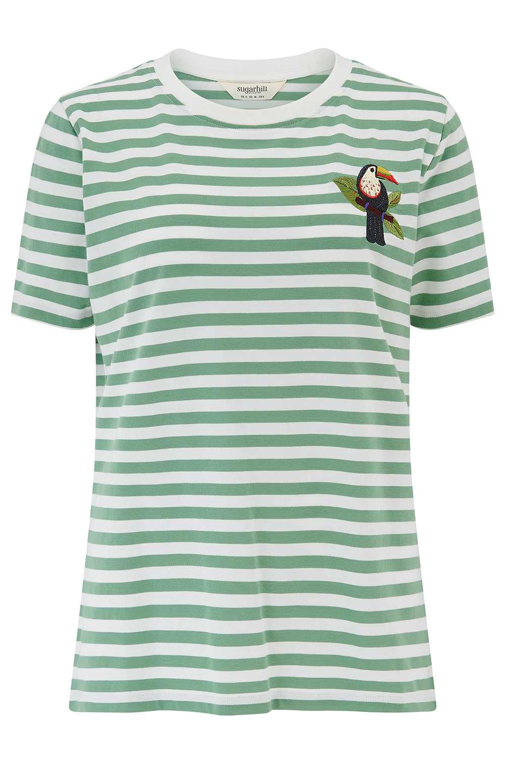 Green and white striped t-shirt with a small graphic on a white background