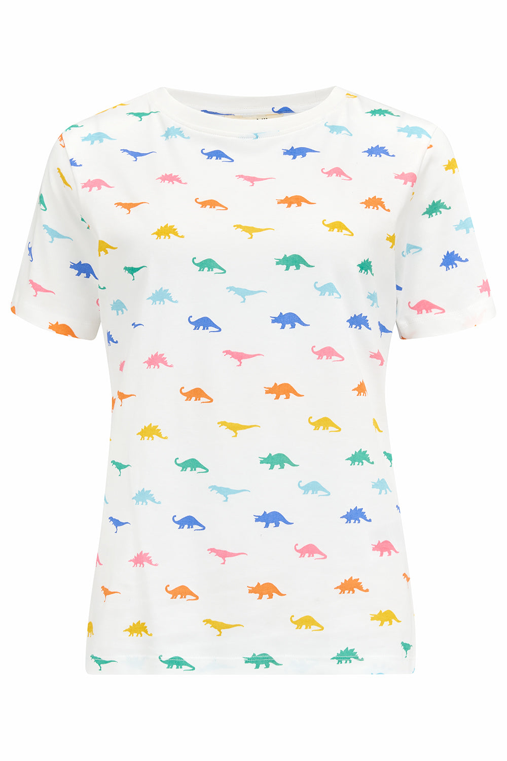 An off-white t-shirt with a colorful dinosaur print