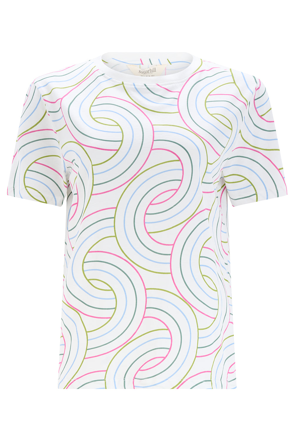 a woman wearing a white tshirt with concenteic circle print 