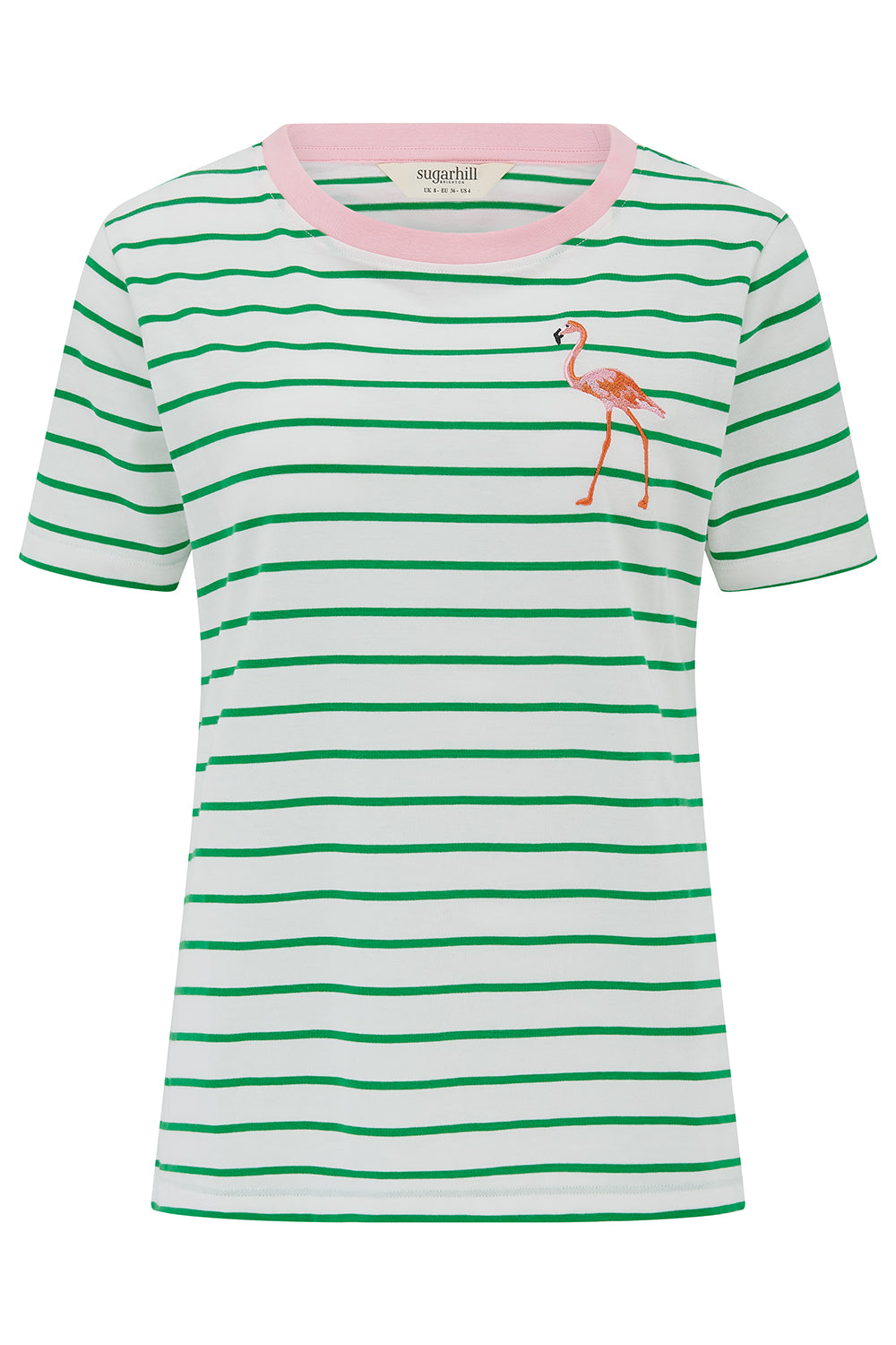 Striped t-shirt with a flamingo design on a white background