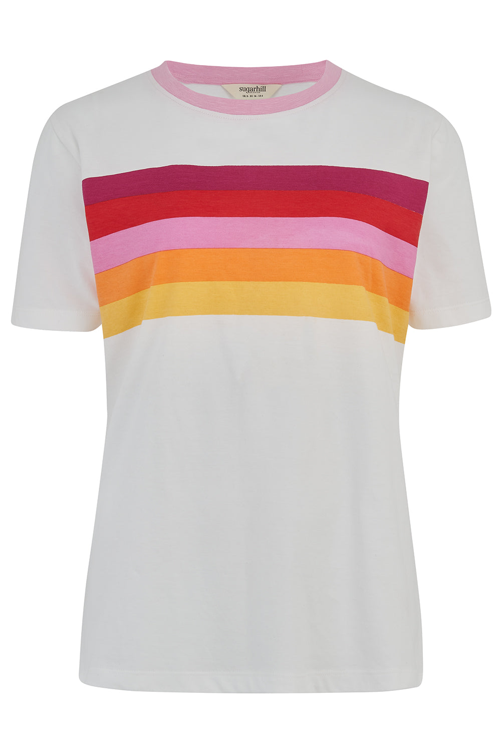 White t-shirt with a colorful striped design on a white background