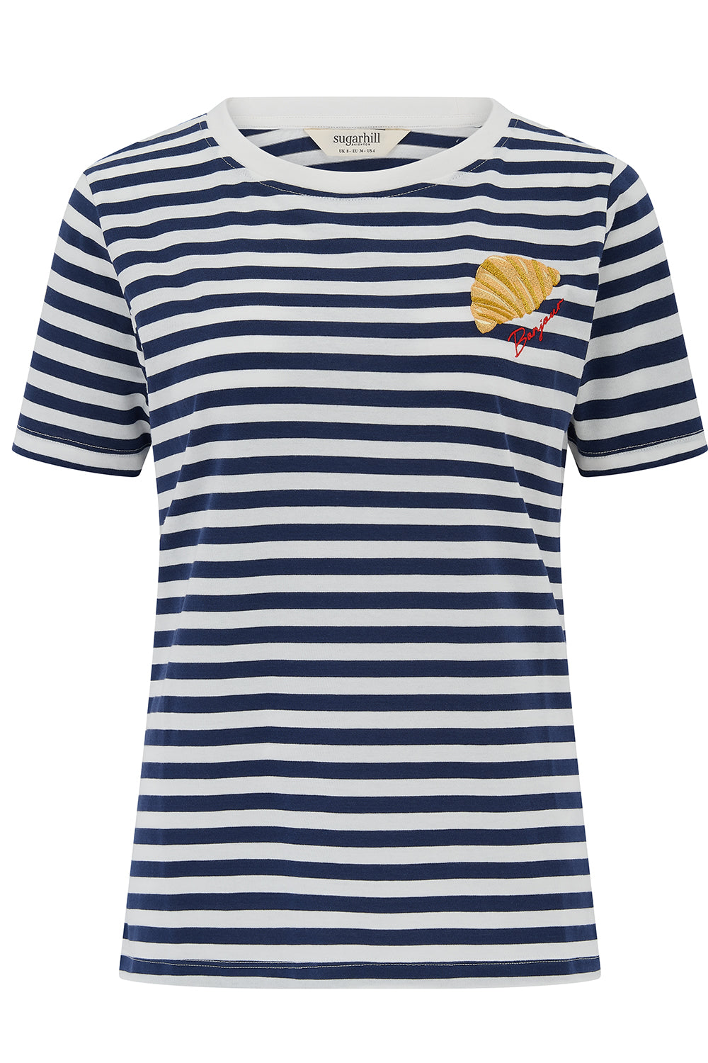 Navy and white striped t-shirt with a yellow shell design on a white background