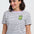 Woman wearing a striped t-shirt with a logo on a white background