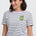 Woman wearing a striped t-shirt with a logo on a white background