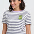 Woman wearing a striped t-shirt with a logo on a white background