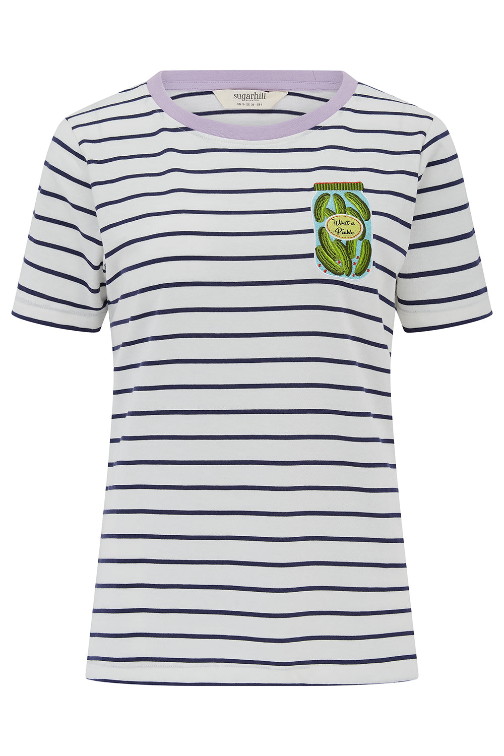 Striped t-shirt with a logo on a white background