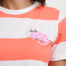 Close-up of a person wearing a striped shirt with a cat design on a white background