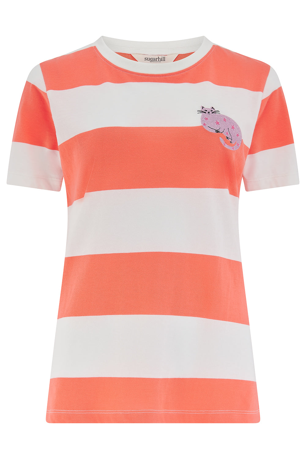 Striped t-shirt with a logo on a white background